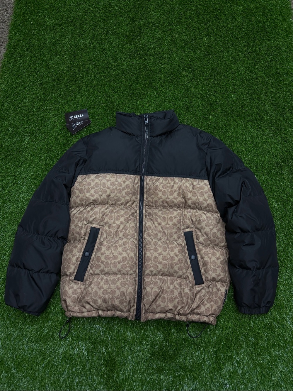 Coach Two-Tone Puffer Jacket in Black & Brown Signature Canvas